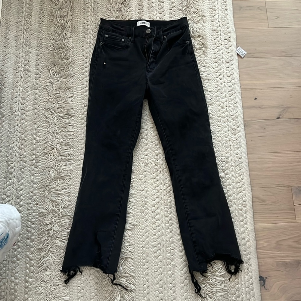 pistola black ankle jeans with distressed bottoms